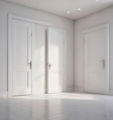 Clean white doors, open & closed, minimalist room ,  bright,  white background,  background