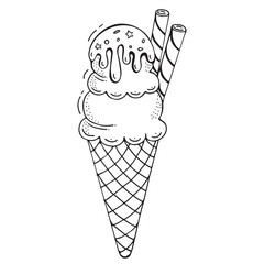 Cute ice cream cone. Hand drawn Doodle sketch vector illustration. For greeting cards, covers, posters, labels, recipes, food design, bakery, pastry shops, cafes. Black and white background.