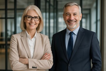 Two happy confident professional mature middle aged older business man and business woman corporate executive leaders company managers or partners standing in office looking at camera