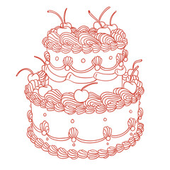 Hand-drawn illustration of a retro-style elegant cake and dessert, coquette-style drawings in linear style, for birthday menus, posters, cards, and graphic design.