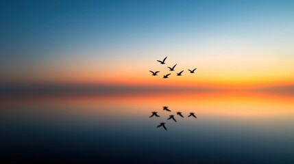 Obraz premium A group of birds soars gracefully across a tranquil body of water during sunset, creating a stunning reflection of the colorful sky. The blend of warm tones adds to the serene atmosphere