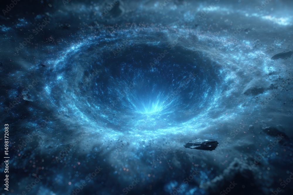 Poster a futuristic spaceship flies towards a massive cosmic portal surrounded by swirling clouds of stardu