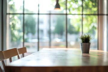 Fototapeta premium Bright indoor table with plant on sunny morning