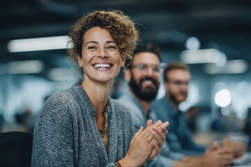 Enthusiastic woman smiling and clapping with colleagues during a business meeting, showing support and celebrating success in a modern office environment.