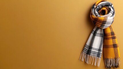 A stylish plaid scarf made of soft fabric is elegantly draped on a smooth golden background. Its blend of yellow, black, and white patterns adds a touch of warmth perfect for fall fashion