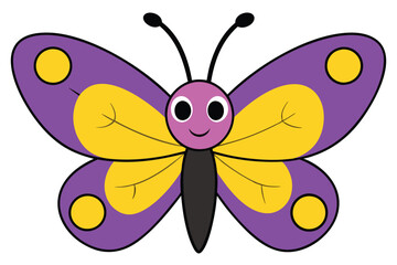 Cartoon Butterfly with Purple and Yellow Wings and a Smiling Face Illustration