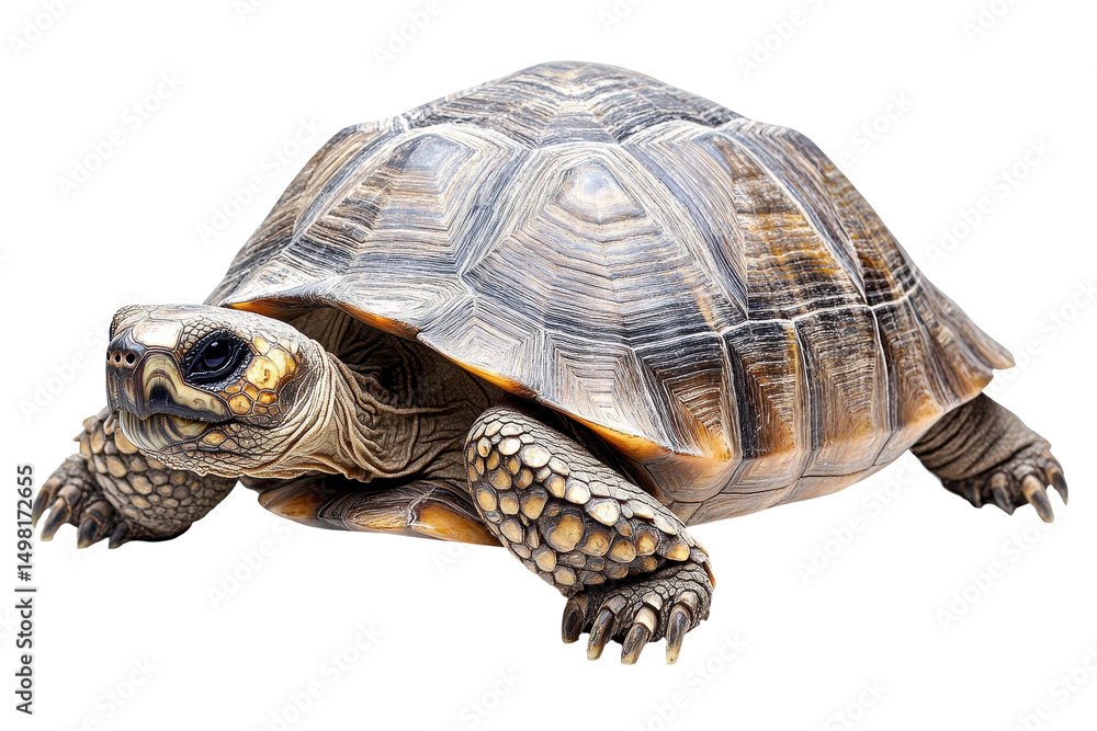 Poster Tortoise moving slowly on a white background showcasing intricate shell patterns and textures in a natural pose
