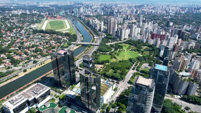 Marginal Pinheiros At Sao Paulo Brazil. City Skyline Showing Modern And Traditional Architecture. Industrial Landscape Skyscrapers Stunning. Urban Skyscrapers Town. Sao Paulo Brazil.