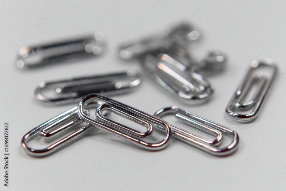 Poster a macro shot of several silver paper clips scattered on a plain white surface, with shallow depth of