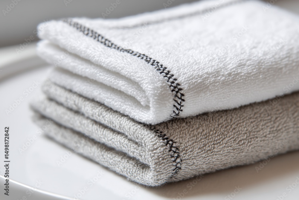 Poster a neatly folded stack of plush cotton towels in neutral colors, adding a touch of soft elegance to a