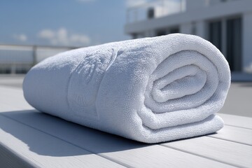 Close-up of a neatly rolled, clean white towel resting on a slatted surface, conveying freshness and luxury with a building and sky in the soft background.