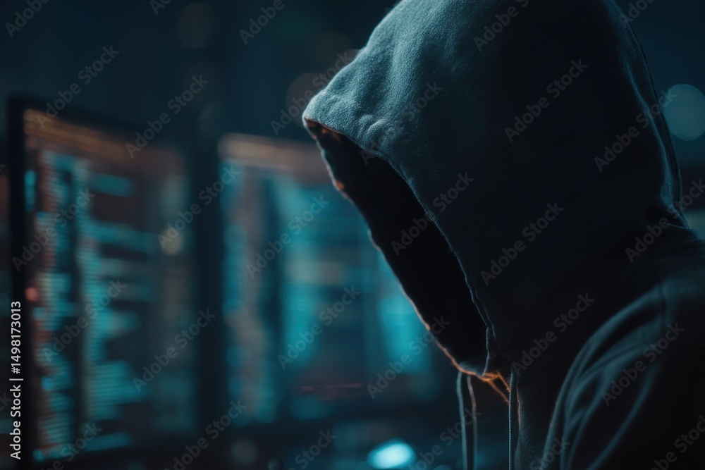 Poster an anonymous hooded figure sits in front of computer screens, illuminated by the glow of code, sugge