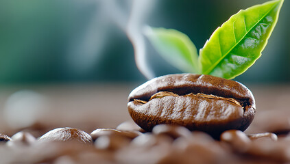 Steaming fresh coffee beans. Coffee bean rests on a bed of beans, releasing steam, with a green leaf adding freshness in a cozy setting.