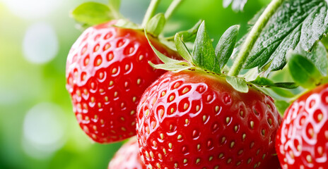 Fresh strawberries growing in the garden. Ripe strawberries dangle from green leaves, basking in sunlight and shining with their vibrant red hue.