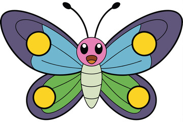 Cartoon Butterfly with Pink Face, Purple Edges, Blue, Green, and Yellow Wings