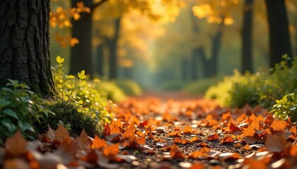 A tranquil scene of scattered leaves forming a natural, rustic resting spot amongst autumnal foliage  Perfect for relaxation and nature themes , orange, relaxation, environment