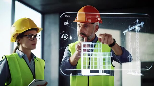 Construction professionals in safety vests and helmets examining architectural model of rise building. Engineers analyzing skyscraper design during project planning meeting with digital tablet