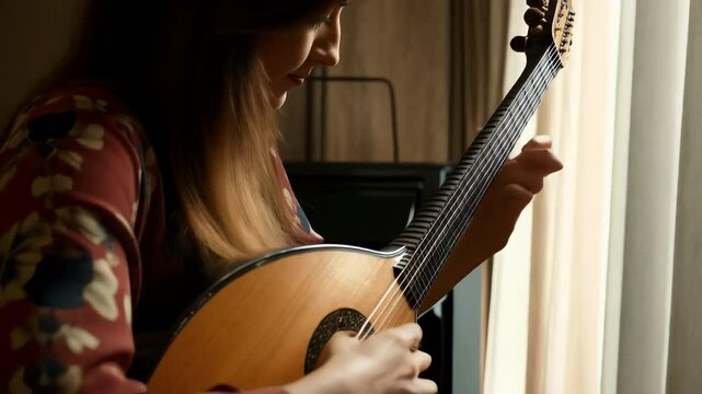 Young Caucasian woman playing Portuguese guitar. Cultural heritage, musical tradition, relaxing hobby, lifestyle. Stringed instrument. 