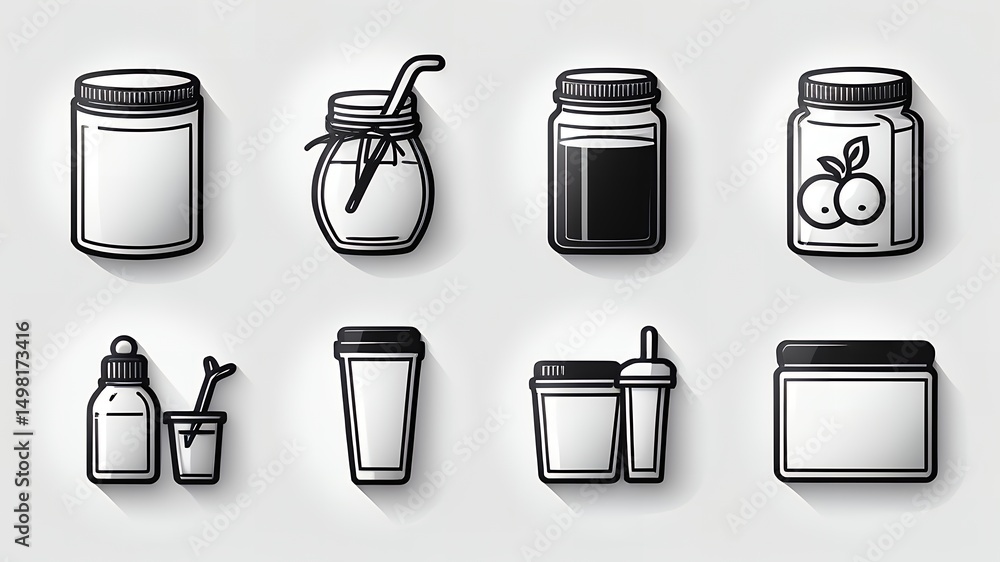 Poster illustration of various containers including jars cups and bottles in a minimalist style design