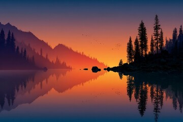 Sunset Reflections in a Serene Lake with Silhouetted Trees and Mountains Natures Tranquil Bea