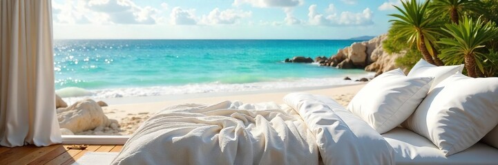 Relaxing beach scene with plush bedding, white sheets, and soft pillows  Perfect for summer vacation and coastal vibes  Imagine waking up to ocean sounds , rest, turquoise, calm