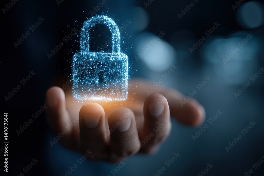Poster a glowing padlock, rendered with digital particles, floats above an open hand, symbolizing cybersecu