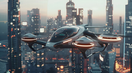 Futuristic flying vehicle hovering over a cityscape with illuminated buildings at dusk or dawn setting