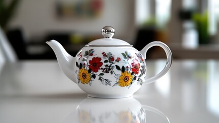 A beautifully designed teapot featuring vibrant floral patterns stands on a clean table surface. Soft natural light filters through a nearby window, enhancing the charming ambiance