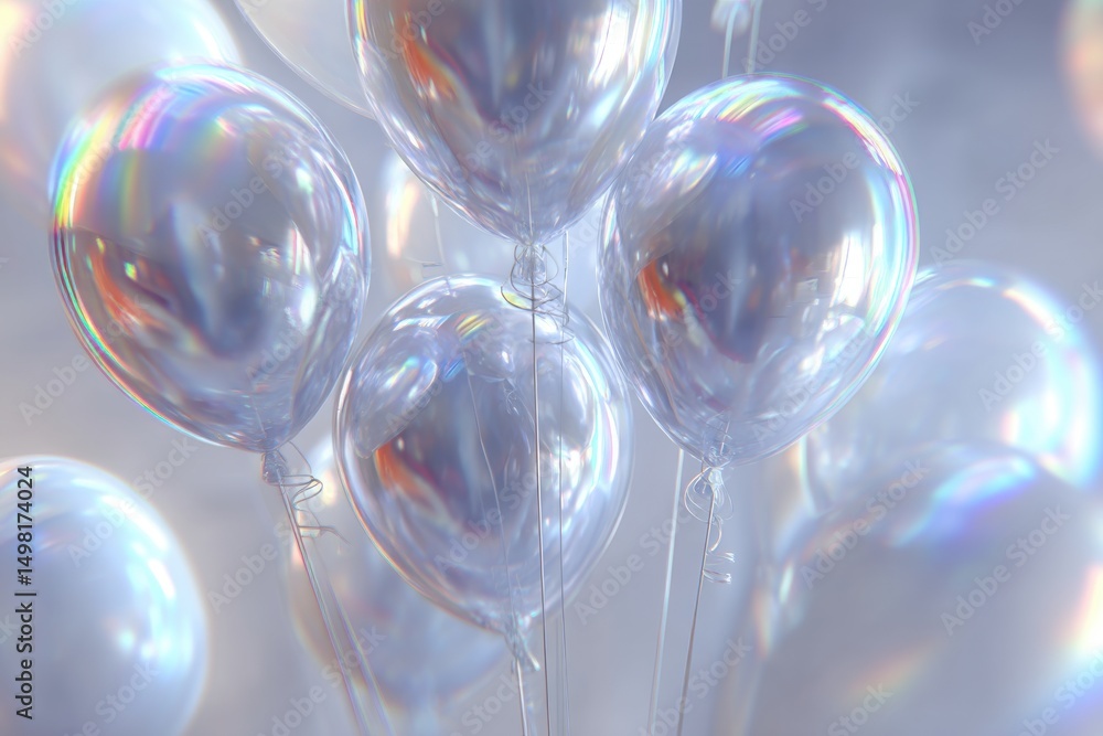 Poster a bunch of shiny, reflective, silver balloons floating in a soft, diffused light, creating a festive