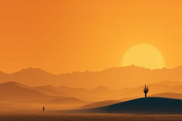 Sunset in the Desert A Lone Figure and Cactus Silhouetted Against a Golden Sky