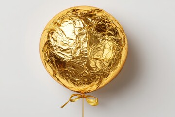 Close-up of a shiny, golden foil wrapped sphere with decorative ribbon, isolated against a white backdrop, showcasing holiday celebration, party, or gift giving.