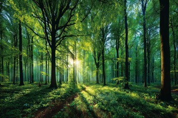 Obraz premium Sunlit Forest Canopy with Dappled Light and Lush Greenery Ideal for Nature Environment and S