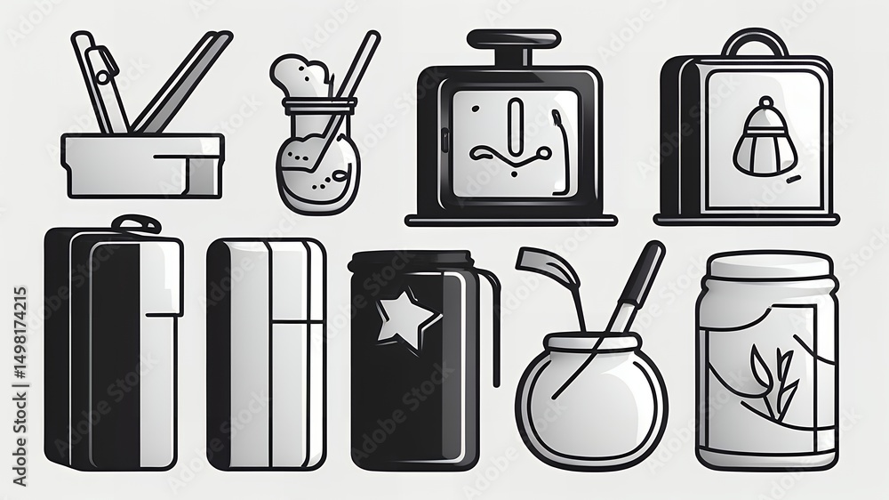 Poster a collection of stylized black and white icons featuring various containers and objects neatly arran