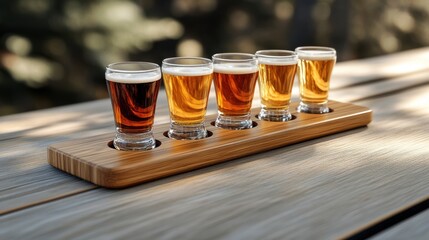 Five small glasses of craft beer in varying shades of amber sit on a sleek wooden tray. The setting is a cozy outdoor brewery enjoying a sunny day with trees in the background