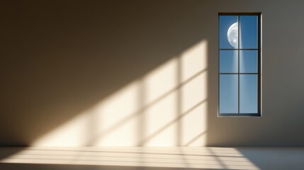 Fototapeta premium Soft moonlight filters through a paneled window, casting gentle shadows on a minimalist interior. The tranquil atmosphere evokes calmness during the night