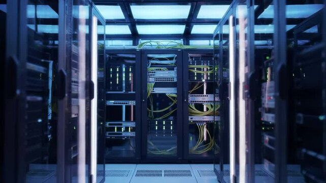 Modern datacenter server rack with yellow network cables and fiber connections. Blue lit telecommunications infrastructure with switches, routers, and hardware equipment for cloud computing, data