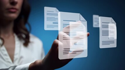 Digital document management interface with virtual paperless files and transparent data forms against blue background. Professional woman in white blouse near electronic records and cloud storage - Powered by Adobe