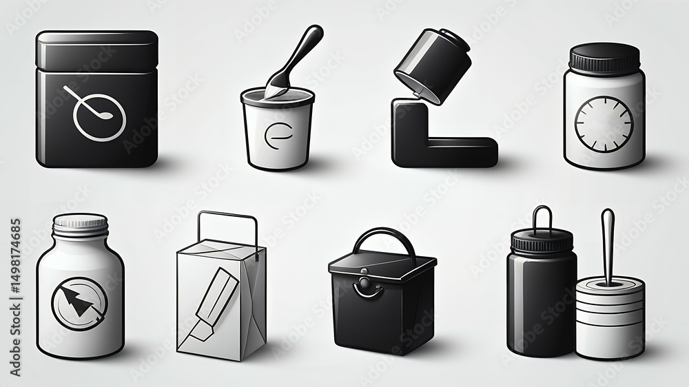 Poster a monochrome illustration featuring various containers and objects against a plain background