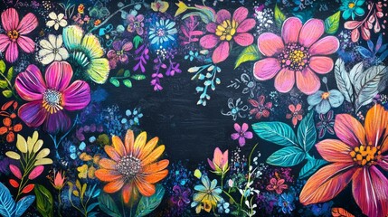 Brightly colored flowers create a lively and enchanting backdrop filled with various floral designs and whimsical elements