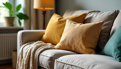 Cozy living room scene featuring a plush, throw cushion on a comfortable sofa, adding a touch of warmth and texture to the home decor , grey, style