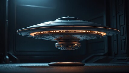 Obraz premium Close-up of glowing ufo in dimly lit sci-fi interior, metallic textures and futuristic design details. Concept of alien technology and space research