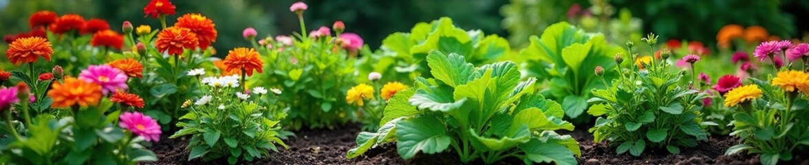 A vibrant, raised bedding garden overflowing with colorful flowers and lush green vegetables  Perfect for illustrating gardening, horticulture, or sustainable living  ,  rural,  flowers,  soil