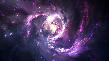 A swirling galaxy with purple and white hues dominates a dark space background with many stars present