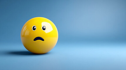 Fototapeta premium Sad Emoji Expression Yellow Ball Face Graphic Blue Background Circular Cartoon Character Design Symbol Visual Art Whimsical Sad Emotion Cheerful Fun Joyful Children Abstract Minimalist Icon