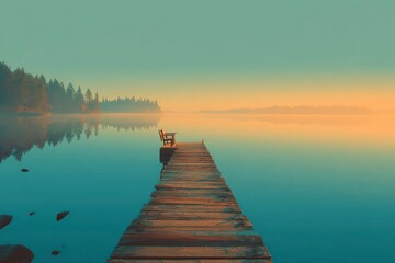 Fototapeta premium Serene Lake Sunset with Wooden Dock and Bench Nature Reflections Calm Waters Tranquil Scene