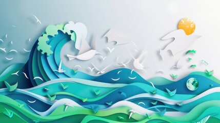 Obraz premium Paper Art Depicting Ocean Waves and Seagulls