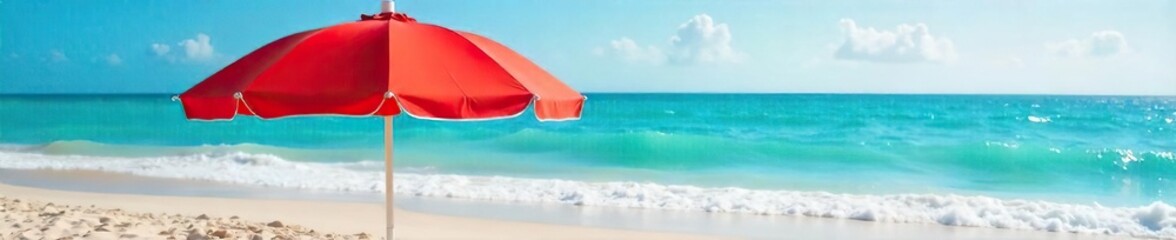 Vibrant red beach umbrella providing shade on a sunny seaside beach, sand, ocean waves gently lapping the shore  Perfect for summer vacation, relaxation, and coastal scenes ,  blue,  vacation