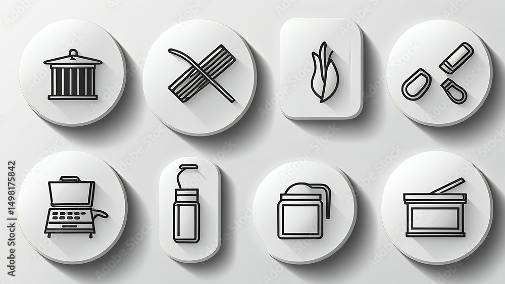Poster collection of eight different line art icons on white circular and square backgrounds set design