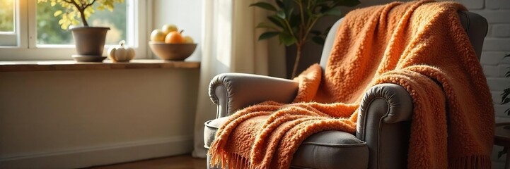 Cozy, warm wool throw blanket draped over a rustic wooden armchair in a sunlit living room, adding texture and comfort to the interior  Perfect for autumn or winter ,  woven,  home decor