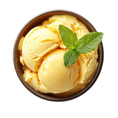 Delicious vanilla dessert scoops in bowl with mint garnish top view isolated on transparent background